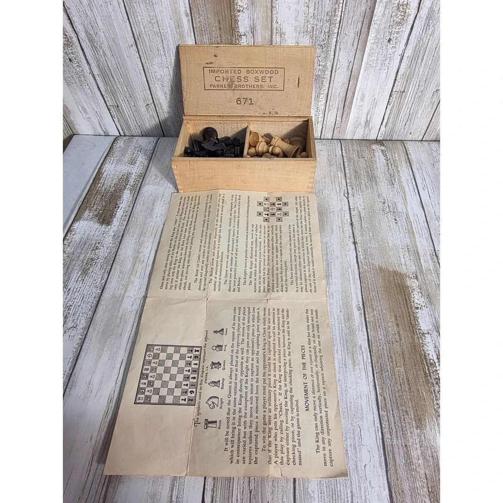 Vintage Parker Brothers Imported Boxwood Chess Set 671 Wood Box Instructions - Picture 6 of 7